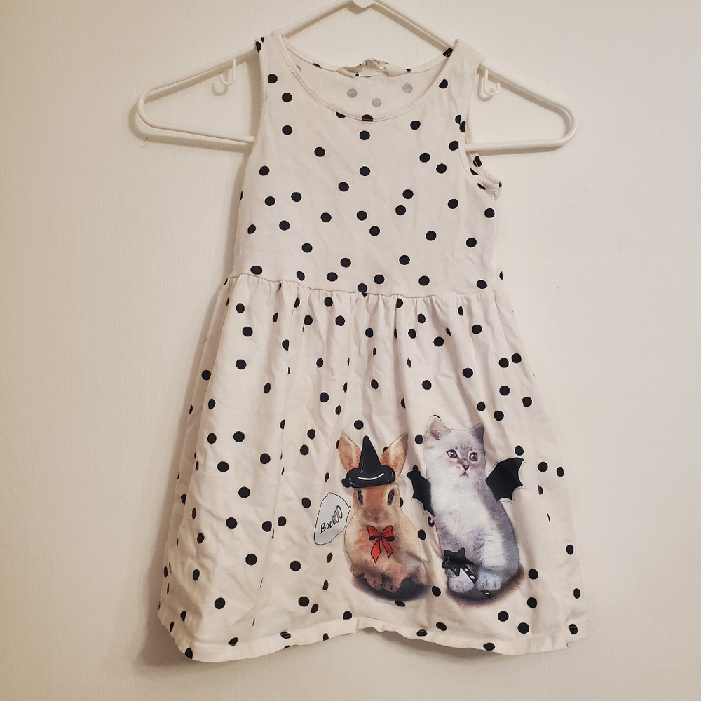 H&M Patterned Jersey Dress 4 To 6 Years White Black Dots Holloween Kittens